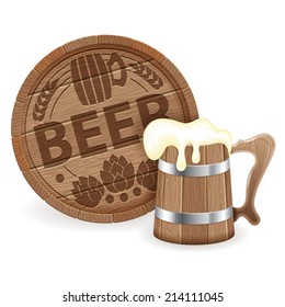 Oktoberfest Poster with Barrel of Beer and Wooden Mug, vector isolated on white background