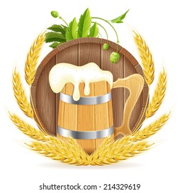 Oktoberfest Poster with Barrel of Beer, Wooden Mug, Barley and Hops, vector isolated on white background