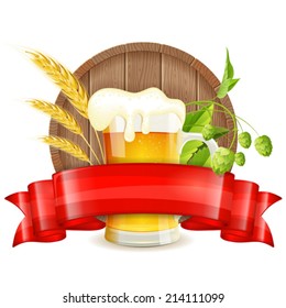 Oktoberfest Poster with Barrel, Glass of Beer, Barley, Hops and Ribbon, vector isolated on white background