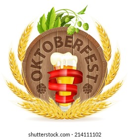 Oktoberfest Poster with Barrel, Glass of Beer, Barley and Hops, vector isolated on white background