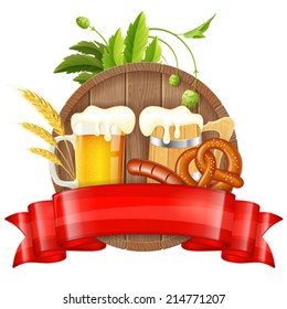 Oktoberfest Poster with Barrel, Glass of Beer, Barley, Hops, Pretzels, Sausages and Ribbon, vector isolated on white background