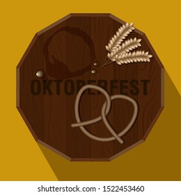 Oktoberfest poster with a beer barrel, pretzel and wheat - Vector illustration