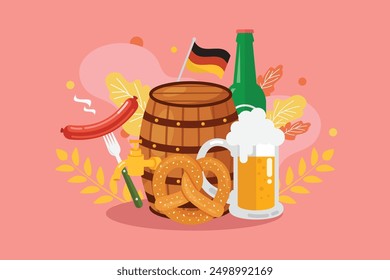 Cartel del Oktoberfest con salchicha de barril de cerveza y pretzel. Ilustración vectorial plana de dibujos animados