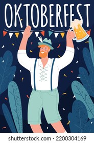 Oktoberfest poster. Beer Festival. A man holds a mug of beer. Vector flat illustration with lettering and autumn leaves.