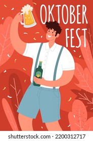 Oktoberfest poster. Beer Festival. A man holds a mug and a bottle of beer. Vector hand drawn illustration with lettering and autumn leaves.