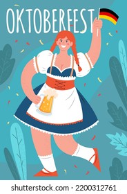 Afiche del Oktoberfest. Festival de Cervezas. Una mujer con un traje nacional alemán sostiene una taza de cerveza y una bandera de Alemania. Ilustración dibujada a mano por vectores con letras y hojas de otoño.