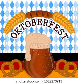 Oktoberfest poster with a beer glass, pretzels , wheats and sausage, - Vector illustration