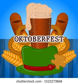 Oktoberfest poster with a beer glass, sausages, pretzels and wheats - Vector illustration