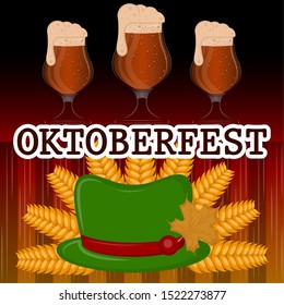 Oktoberfest poster with a beer glasses, hat and wheats - Vector illustration