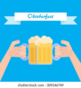 Oktoberfest poster with beer in hand. Vector