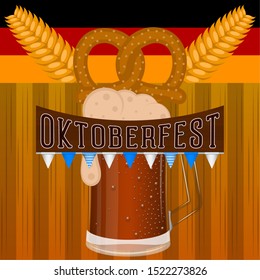 Oktoberfest poster with a beer mug, pretzel and wheat - Vector illustration