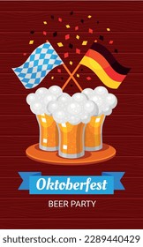 Oktoberfest poster beer party traditional German holiday announce isometric vector illustration. Bavaria event malt brewery alcohol beverage festival celebration with national flag and confetti design