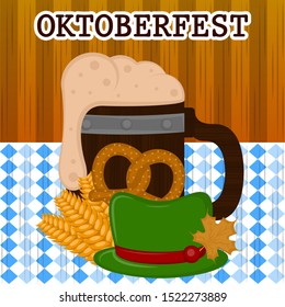 Oktoberfest poster with a beer wooden mug, hat, pretzel and wheats - Vector illustration