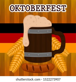 Oktoberfest poster with a beer wooden mug, sausage and wheats - Vector illustration