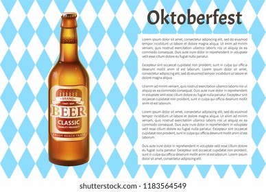 Oktoberfest poster craft beer in bottle with cap and frame for text. Alcohol drink made of hop and barley inside glass container. Label on beverage 3D vector