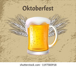 Oktoberfest poster craft beer with foam in big glass mug on sketchy backdrop with ears of wheat. Low alcohol drink made of organic hop and barley 3D vector