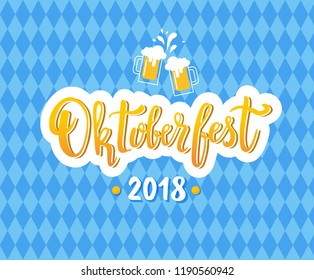 Oktoberfest poster design. Beautiful hand drawn lettering with glasses of beer on blue background with pattern. - Vector