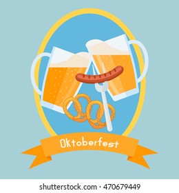 Oktoberfest poster design template. Clinking beer glasses with foam, pretzels and sausage. Beer festival card. Vector illustration.