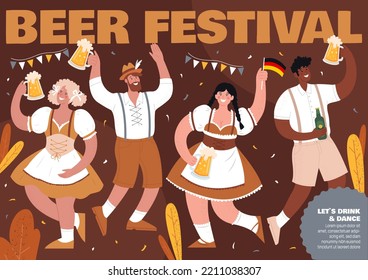 Oktoberfest poster. Different people in national German costumes drink beer and have fun. Vector hand drawn flat illustration. Horizontal banner with space for text.
