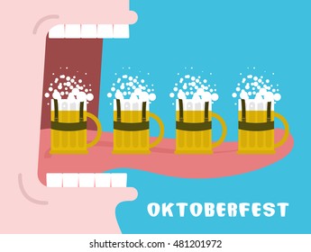 Oktoberfest poster. Drinking many mug of beer. Man drinks alcohol. Wide open mouth with teeth and tongue. National Holiday in Germany.
