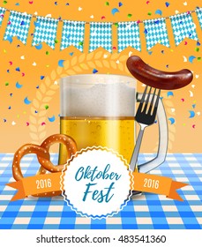 Oktoberfest poster. German beer festival poster with realistic beer mug, pretzel and Bavarian sausage on a fork. Vector illustration poster invitation. EPS 10