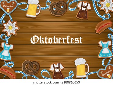 oktoberfest poster with gingerbread cookies and ribbon on wooden background