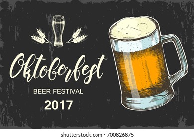 Oktoberfest poster. Hand made lettering. Sketch, hand drawn beer. Beer festival. Banner, flyer, brochure, web. Advertising. Vintage banner on black