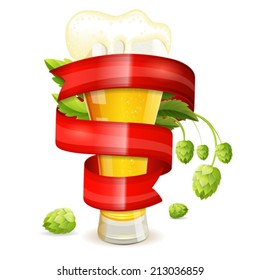 Oktoberfest Poster with Hops, Glass of Beer and Red Ribbon, vector isolated on white background