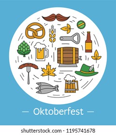 Oktoberfest poster with line flat icons in a circle on blue background. Contains such icons as beer, pretzel, sausage, barrel and more. - Vector