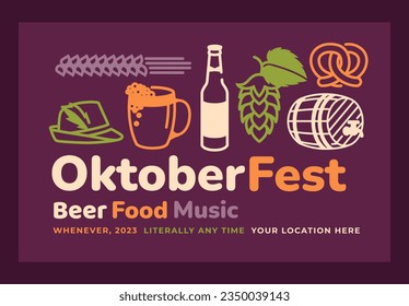 Oktoberfest poster. Linear symbols of the traditional holiday: beer, barrel, cone of hops, ears of corn, pretzel, traditional German hunting cap. Set of design elements. Vector flat illustration