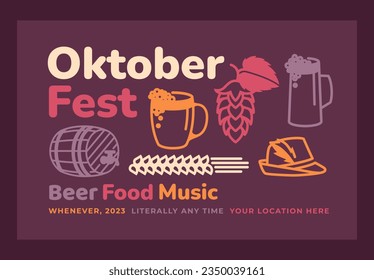 Afiche del Oktoberfest. Símbolos lineales de la fiesta tradicional: cerveza, barril, cono de lúpulo, orejas de maíz, pretzel, tradicional gorra de caza alemana. Conjunto de elementos de diseño. Ilustración plana del vector