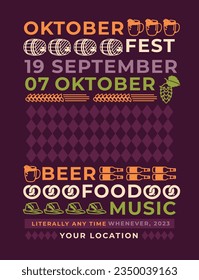 Oktoberfest poster. Linear symbols of the traditional holiday: beer, barrel, cone of hops, ears of corn, pretzel, traditional German hunting cap. Set of design elements. Vector flat illustration