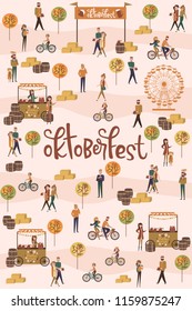 Oktoberfest poster with people walking to park and drink a beer. Editable vector illustration.