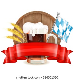 Oktoberfest Poster in Realistic 3D style with Barrel, Glass of Beer, Barley, Flag and Ribbon. Can be used for flyer, poster and printing advertising. Vector isolated on white background.