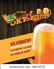 Oktoberfest poster with sausage, pretzel and beer. EPS 10 vector.