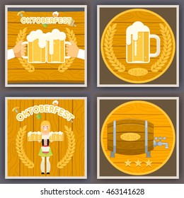 Oktoberfest Poster Set Festival Celebration Symbol Beer Stylish Wood Background Flat Design Vector Illustration