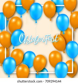 Oktoberfest poster with shiny balloons on red background with square frame. Vector illustration.