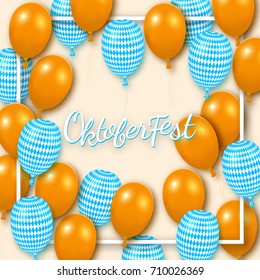 Oktoberfest poster with shiny balloons on pink background with square frame. Vector illustration.