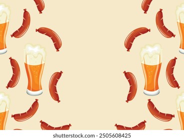 Oktoberfest poster with a snack and glasses of beer, namely pints of beer and grilled sausages on the sides of the poster, vector