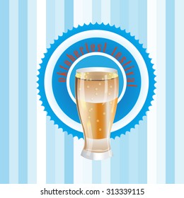 Oktoberfest poster with a sticker and a glass of beer on the background with the Bavarian colors 