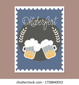 Oktoberfest poster. Trendy hand drawn vector card design in old postal stamp style. Two beer mugs in a circle shape and wheat branches. Traditional Oktoberfest design for web and print.