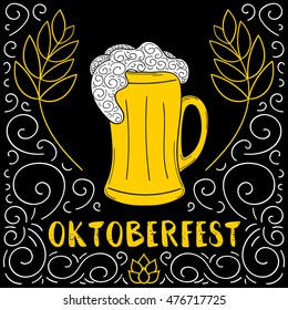 Oktoberfest poster vector for bar, party or pub menu. Beer mug, malt frame and hop hand drawn in retro style. Munich festive sketch illustration.