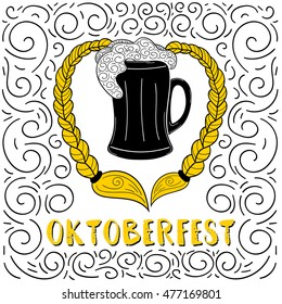Oktoberfest poster vector for beer bar, party or pub. Mug with pretzel blond braids in sketch retro style. Bavarian autumn festive illustration for banner or flyer.