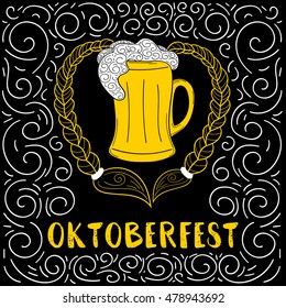 Oktoberfest poster vector for beer bar, party or pub. Mug with pretzel blond braids on blackboard in sketch retro style. German festive illustration.