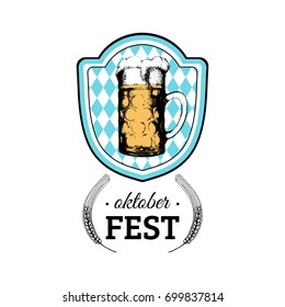 Oktoberfest poster. Vector beer festival flyer. Brewery label or badge with vintage hand sketched glass mug. 
