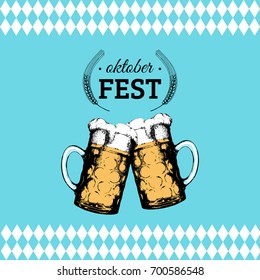 Oktoberfest poster. Vector beer festival flyer. Brewery label or badge with vintage hand sketched glass mugs. 