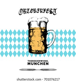 Oktoberfest poster. Vector beer festival flyer with Gothic calligraphy. Brewery label or badge with vintage hand sketched glass mug. 