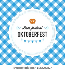 Oktoberfest poster vector illustration with fresh lager beer on blue white flag background. Celebration flyer template for traditional German beer festival. Pretzels and flag