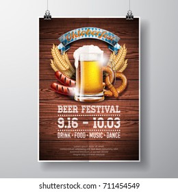 Oktoberfest poster vector illustration with fresh lager beer on wood texture background. Celebration flyer template for traditional German beer festival.