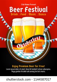 Oktoberfest poster vector. Munich beer festival flyer design. Group of full glass beer illustration with barrel background and bavaria flag decoration. Banner, label, invitation template.